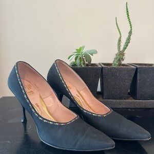 Vintage Elegant Black Heels with Colorful handmade Trim